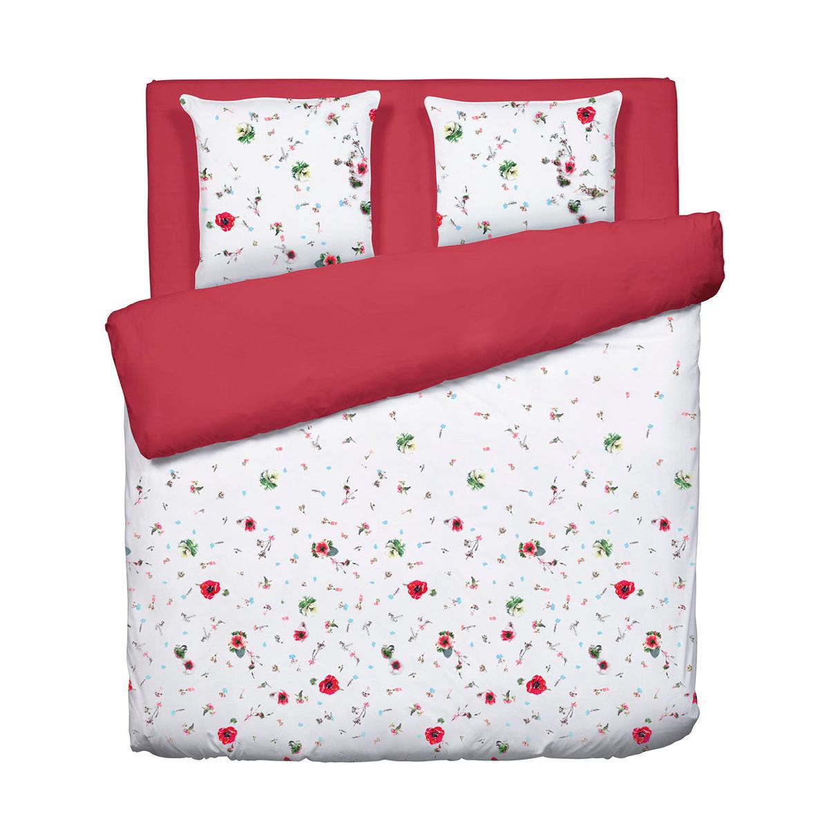 Duvet cover + pillowcase(s) cotton satin – Herbier Solair Floral Raspberry red – 200 x 220 cm + 2 x (80 x 80 cm)