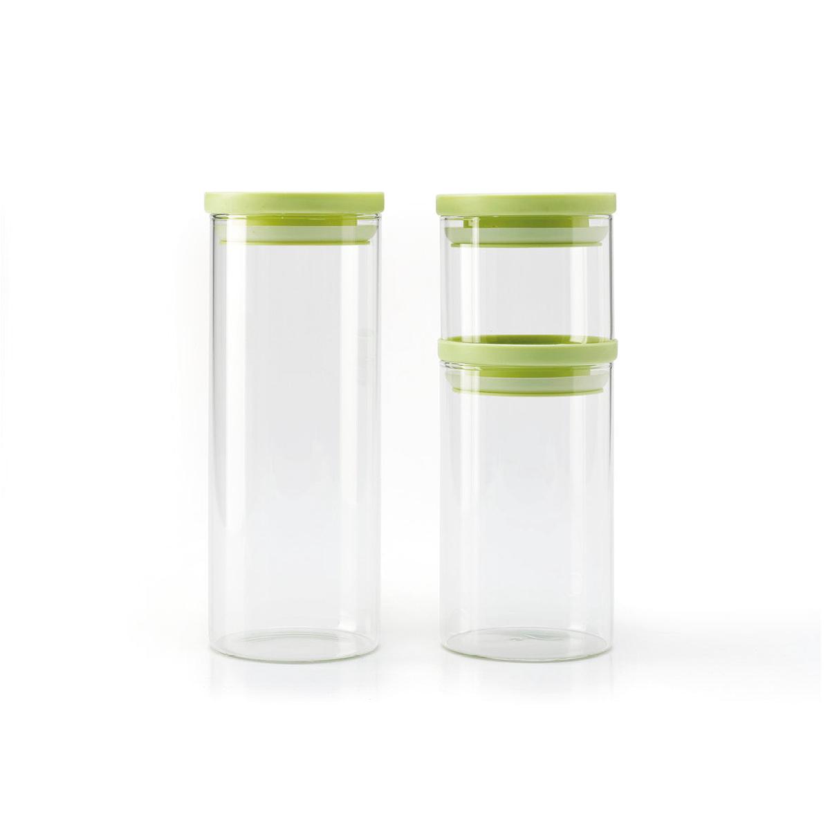 Set of 3 glass jars with plastic lid – transparent and green – 0.5l + 1L + 1.5L