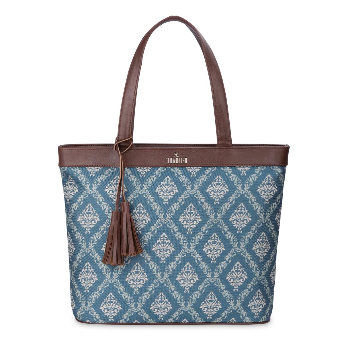 THE CLOWNFISH Casey series 15.6 inch Laptop Bag For Women Printed Handicraft Fabric & Faux Leather Office Bag Briefcase Hand Messenger bag Tote Business Bag (Peacock Blue)