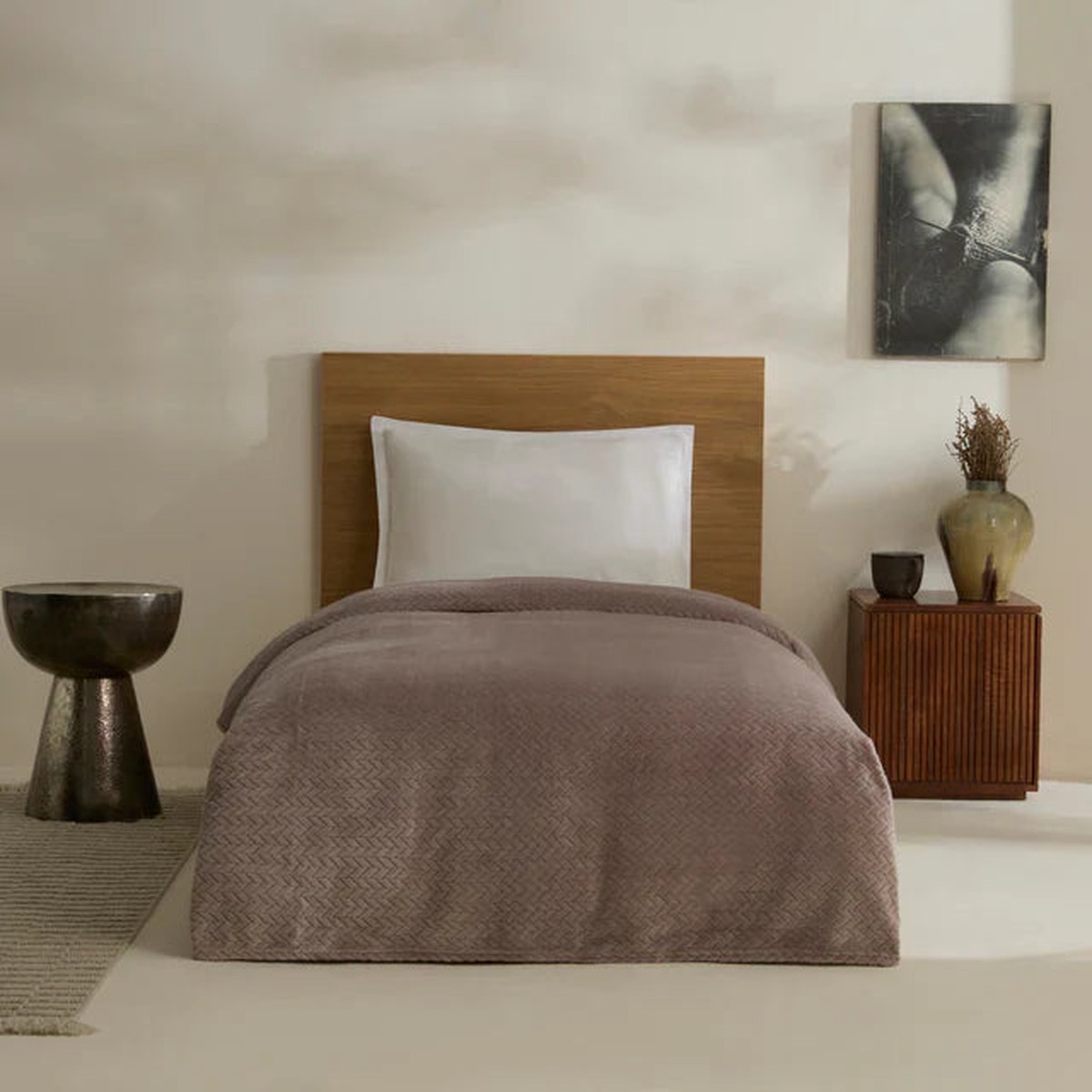 Karaca Leaves Wellsoft Blanket, Double, 200x220cm, Stone