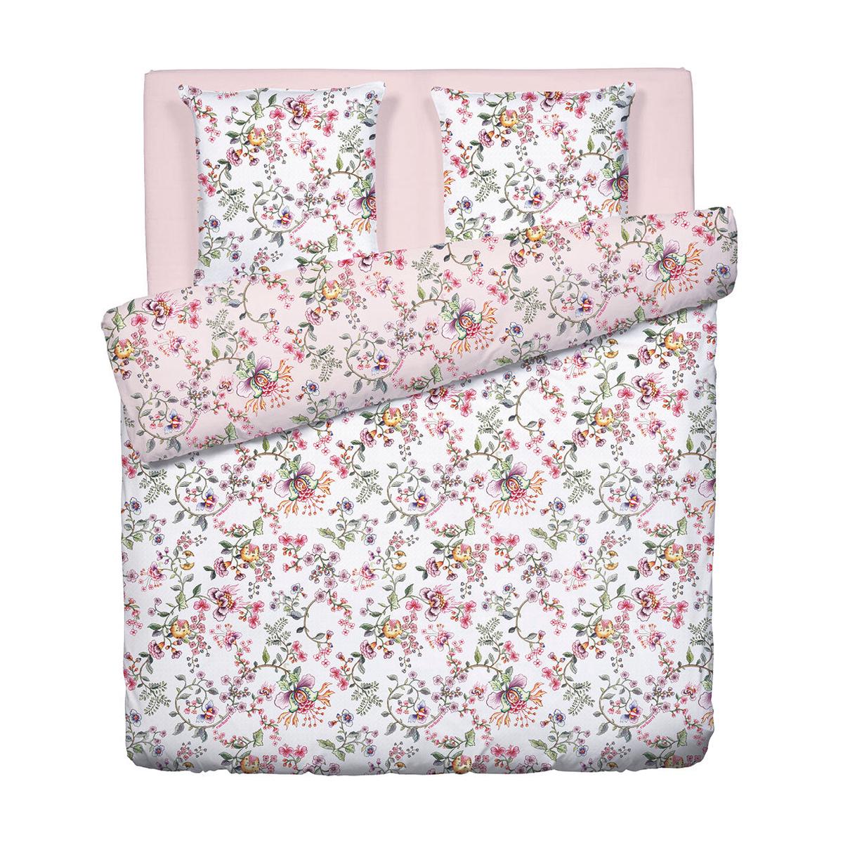 Duvet cover + pillowcase(s) cotton satin – Jardin Secret White / Blush Pink – 250 x 200 cm + 2 x (50 x 80 cm)