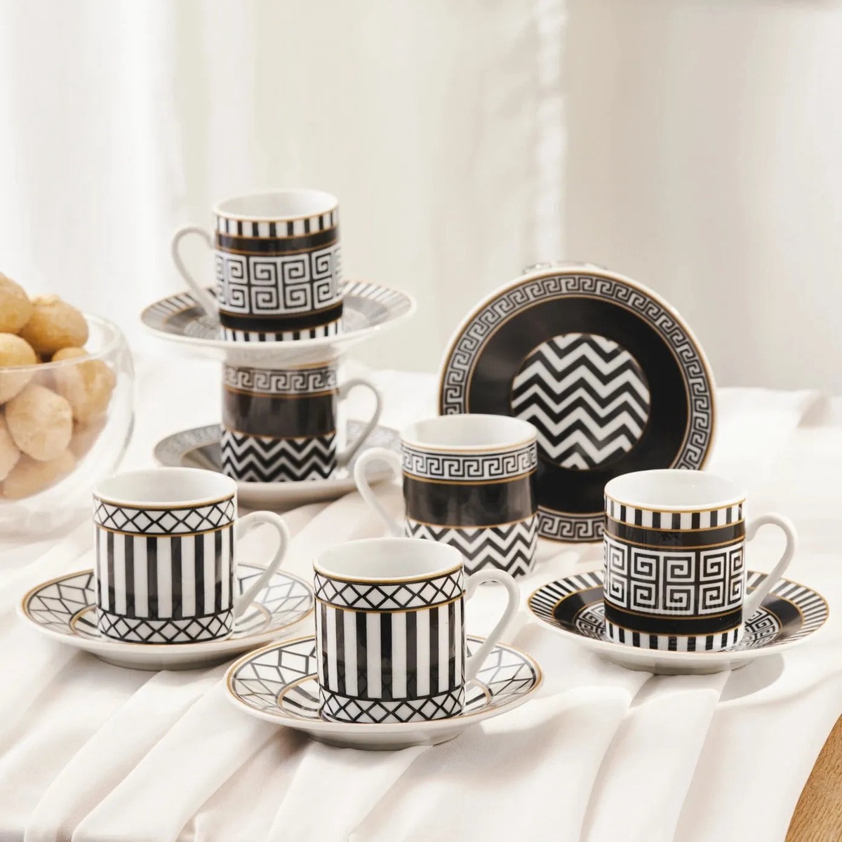 Karaca Helenistik 12-Piece Porcelain Espresso Turkish Coffee Cup Set for 6 People, 80ml, Black
