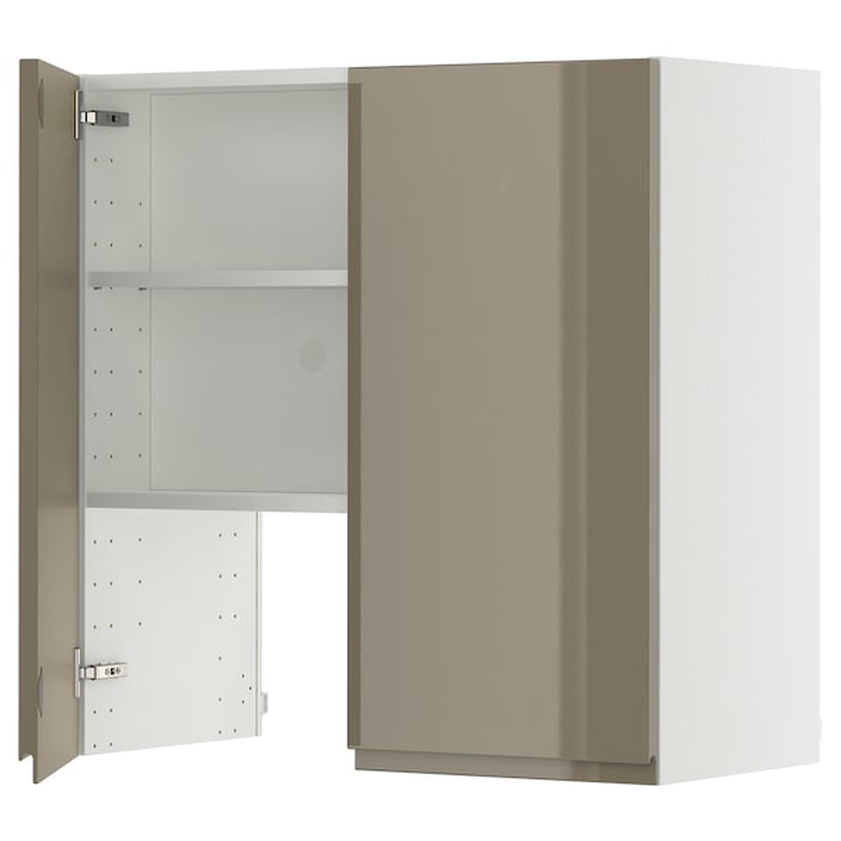 METOD wall cb f extr hood w shlf/door, white/Voxtorp high-gloss dark grey-brown, 80×80 cm