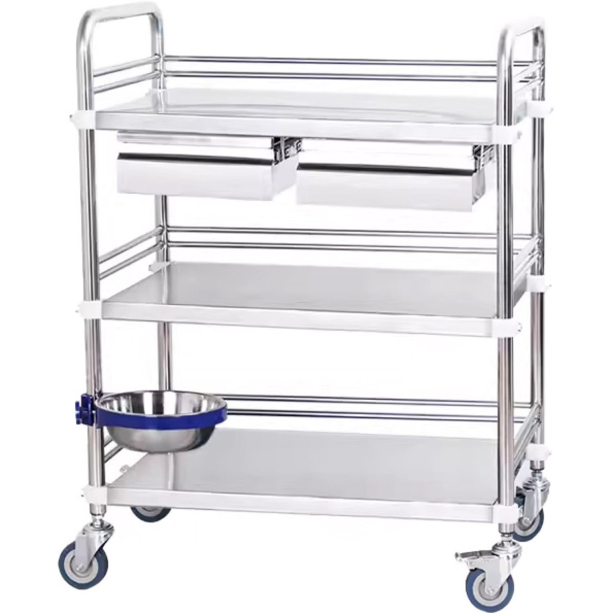 Professional 3 Tier Medical Trolley 2 Drawers Stainless Steel 600x400x860mm | WHSS3T6040D2