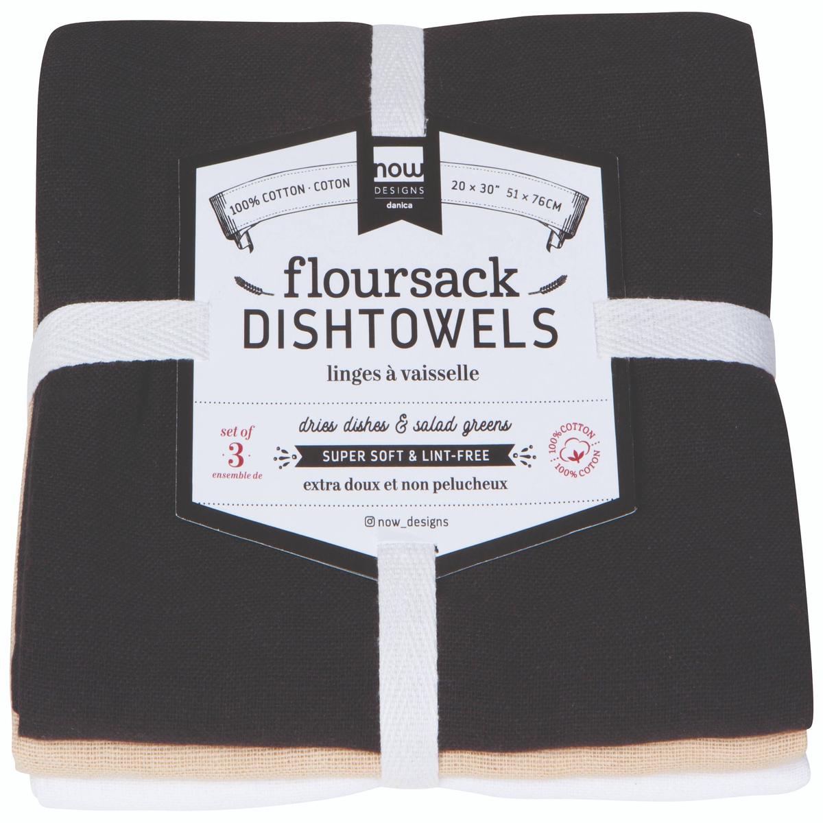 BLACK OYSTER WHITE FLOURSACK DISHTOWELS SET OF 3