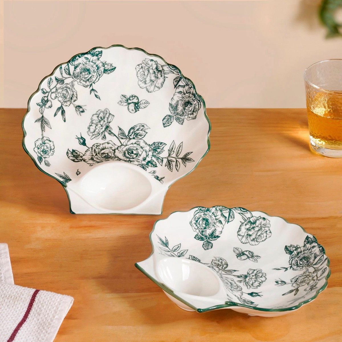 Chinoiserie Green Ceramic Section Plates Set Of 2