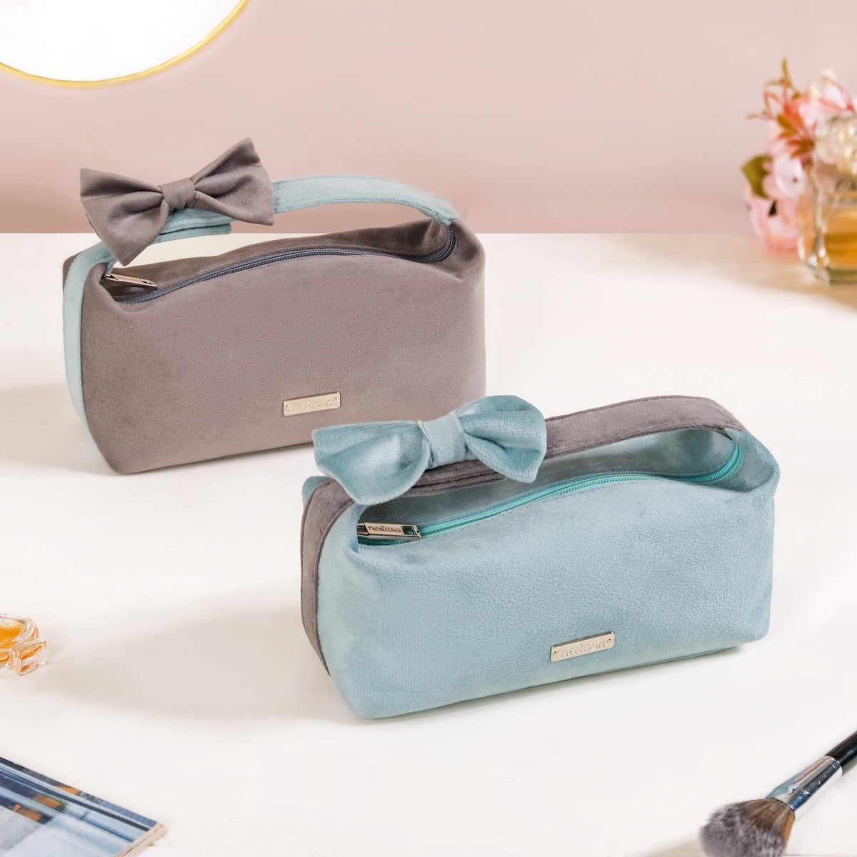 Velvet Makeup Pouch with Bow Set Of 2