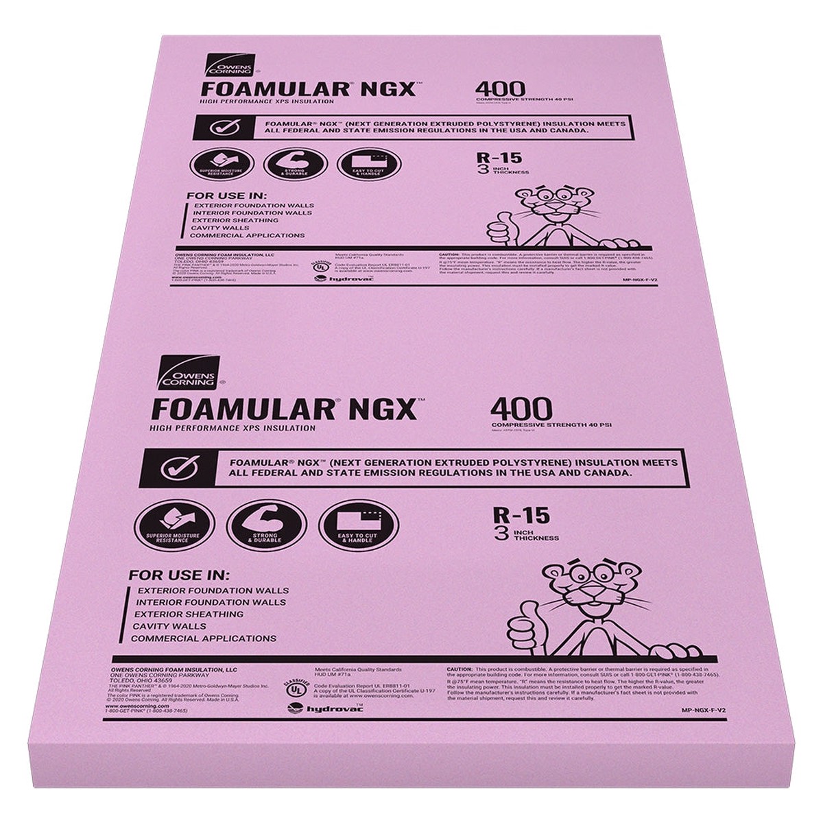 Owens Corning R-15 (40 PSI) FOAMULAR NGX 400 Extruded Polystyrene Foam Board Insulation, 3 in x 4 ft x 8 ft, Square Edge