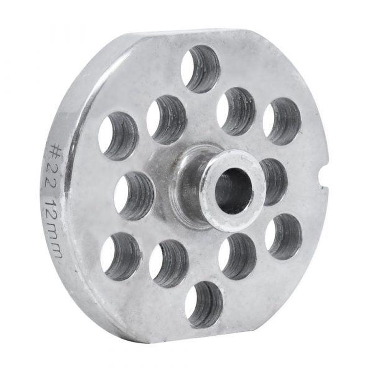#22 Stainless Steel Machine Plate with Hub, Single Notch, and Flat Sides - 3-1/4" Diameter, 1/2" Hole Size - 40308