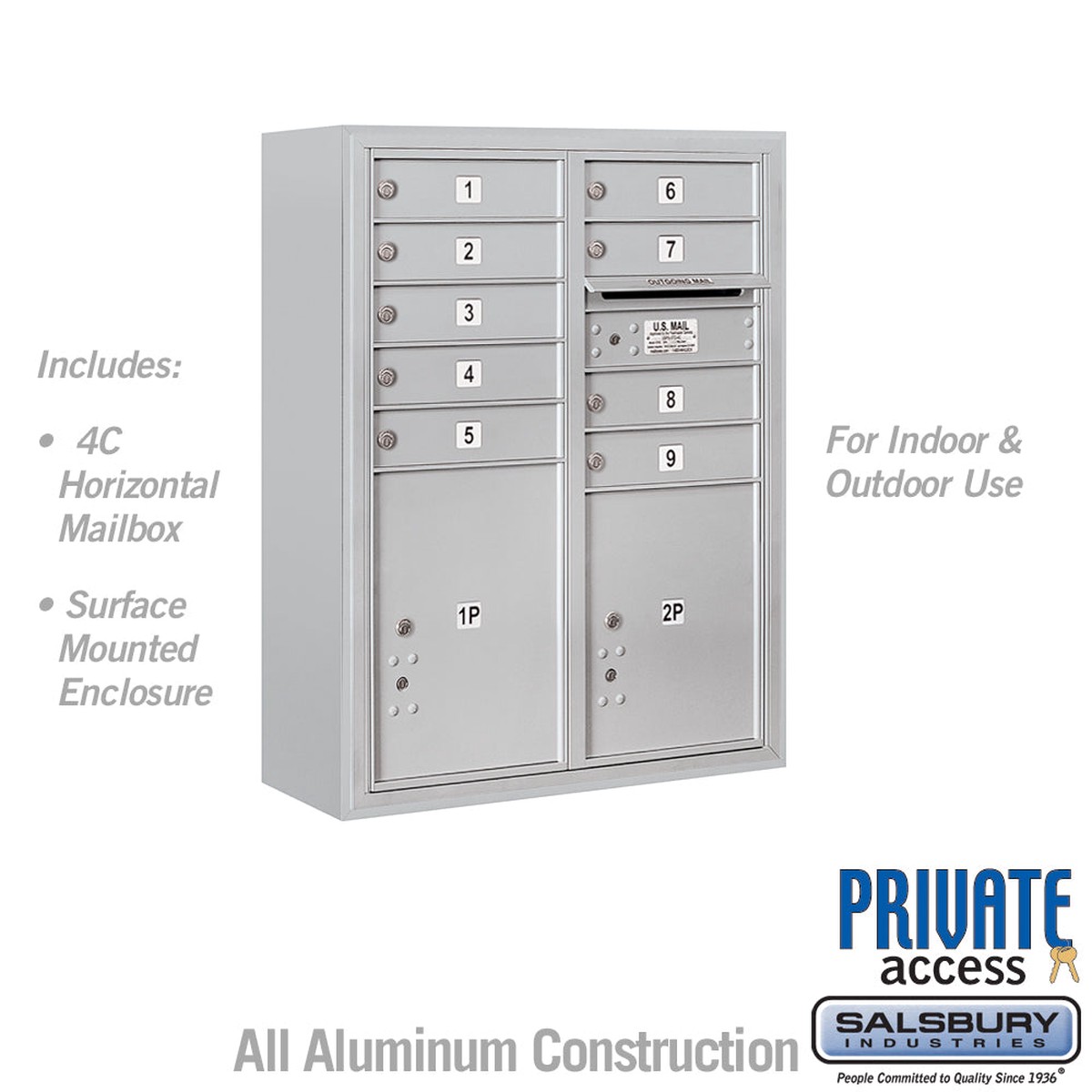 10 Door High Surface Mounted 4C Horizontal Mailbox with Parcel Lockers and Private Access