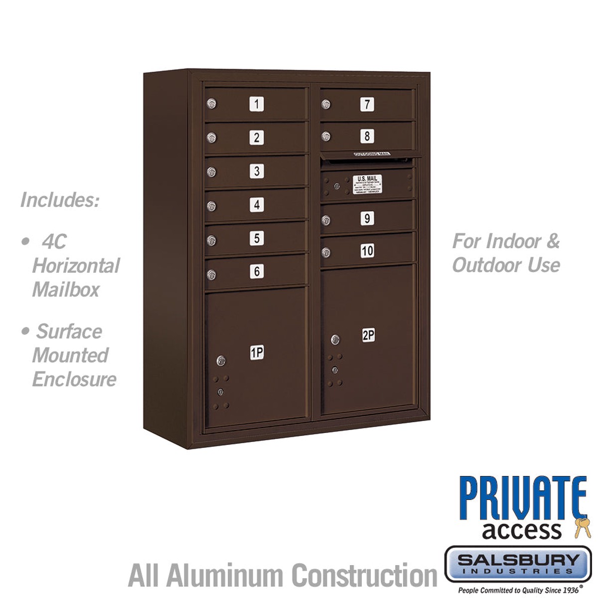 10 Door High Surface Mounted 4C Horizontal Mailbox with Parcel Lockers in Bronze