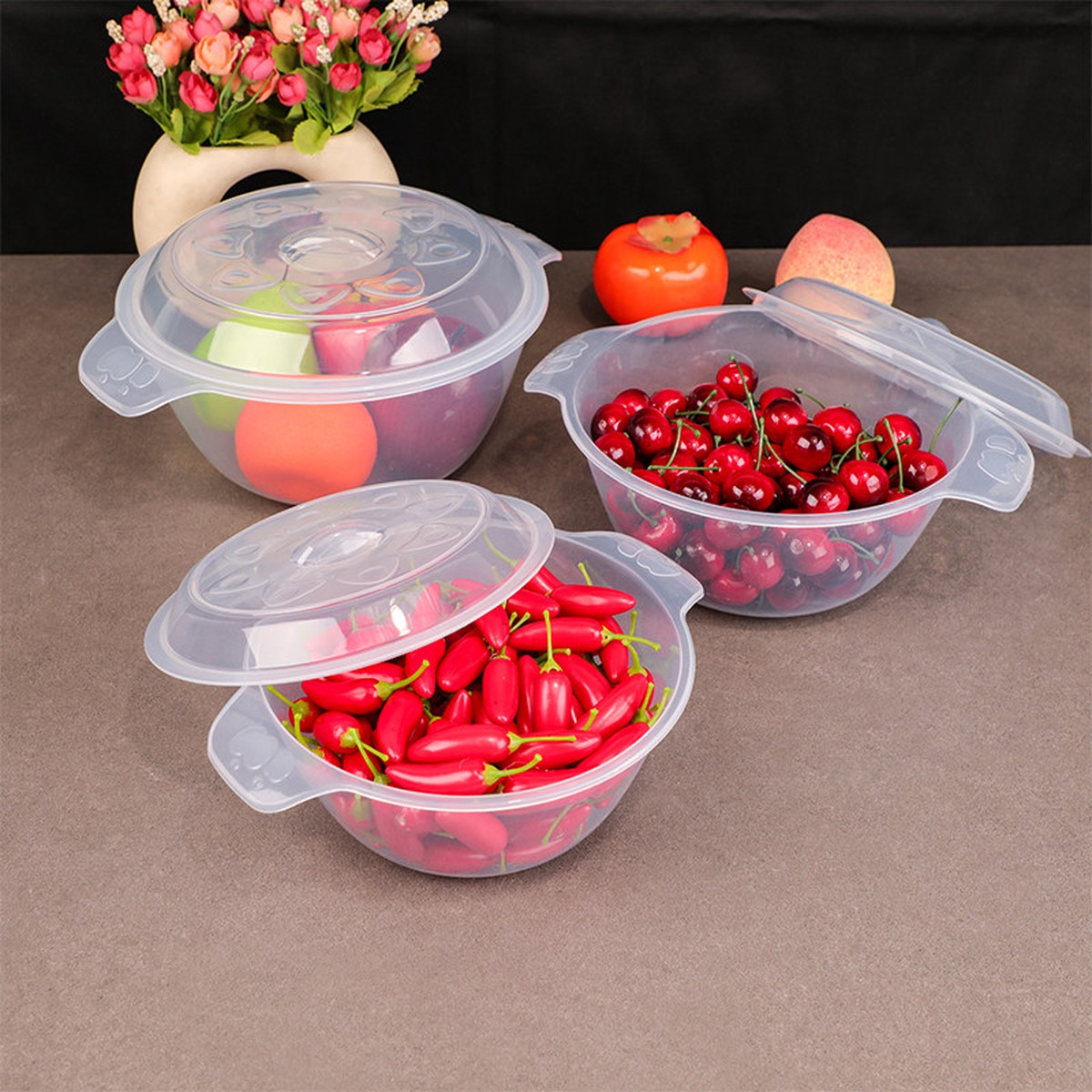 Transparent plastic instant noodle bowl with lid, microwaveable rice bowl, fruit salad bowl with ears, small lard jar