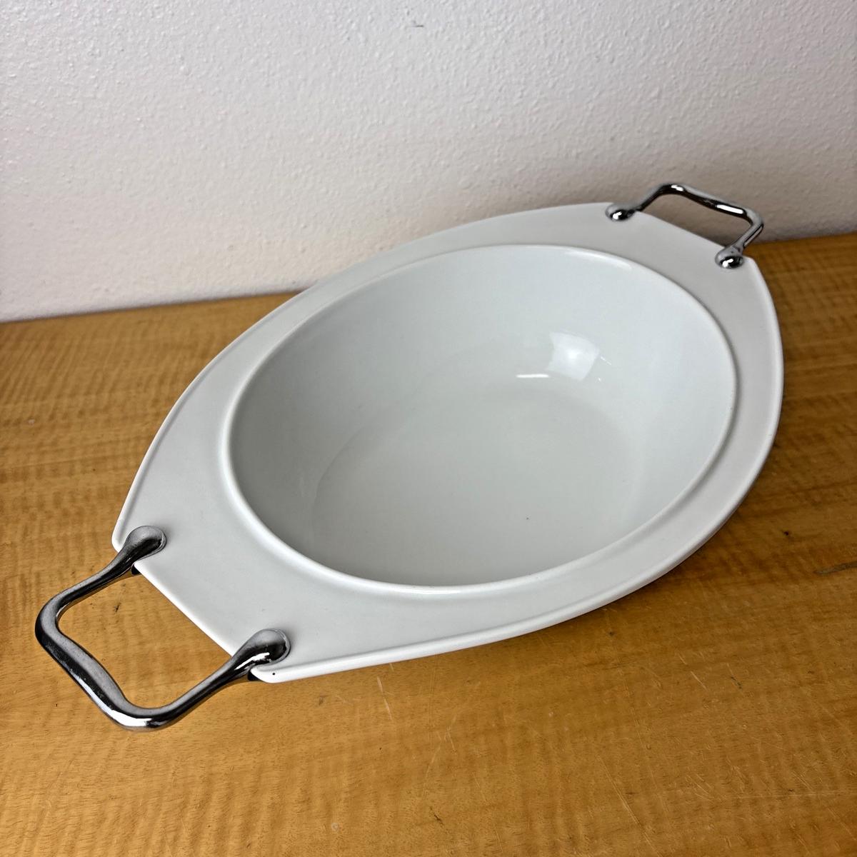 PIER 1 IMPORTS, White Oval Porcelain SERVING Platter / Tray with Silver Handles
