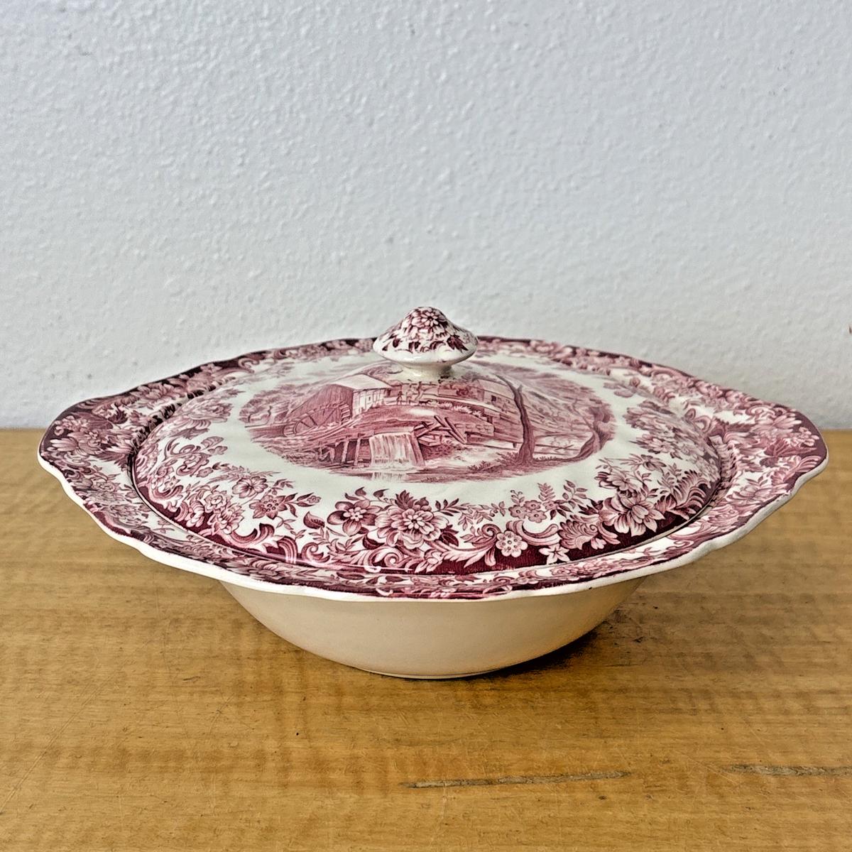 RARE JOHNSON BROTHERS PINK MILL STREAM COVERED VEGETABLE DISH