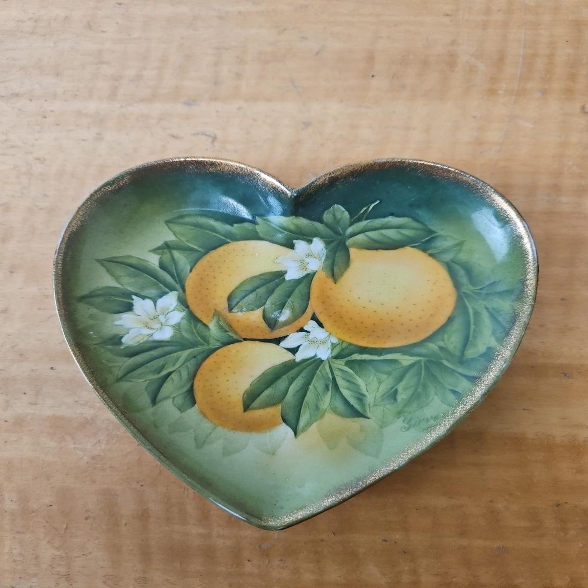 "Orange" hand painted Bavaria heart shaped trinket dish W.H. DuBois numbered
