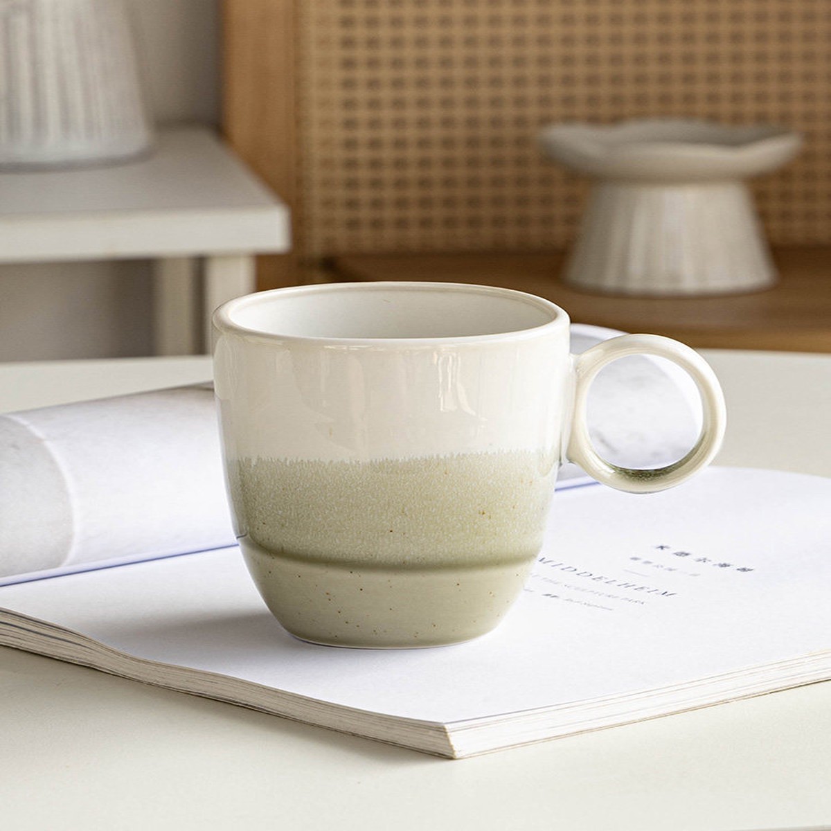 [Have a cup after an afternoon nap] Office ceramic water cup, milk cup, ring handle, reaction glaze mug, slightly flawed