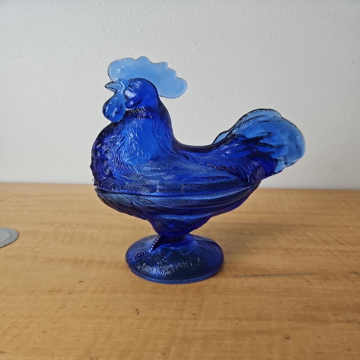 Blue Glass Depression Style Rooster Chicken Candy Dish, Vintage, Bowl