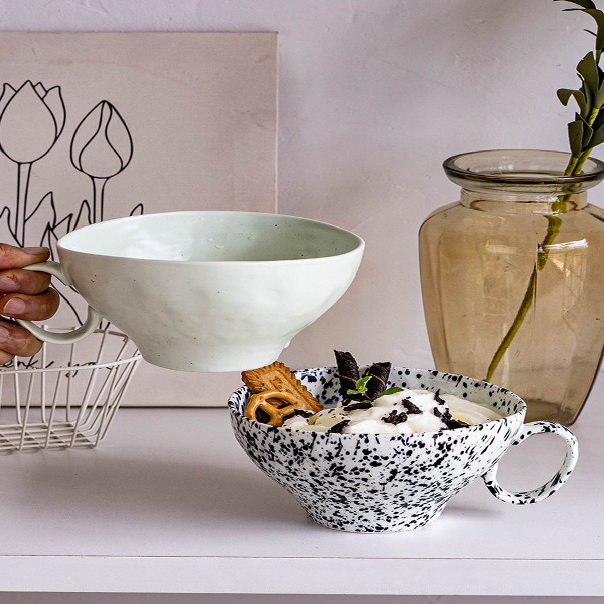 [Large Capacity Breakfast Cup] Wide Mouth Oatmeal Breakfast Cup Milk Dessert Cup Home Ceramic Fruit Cup Slightly Flawed