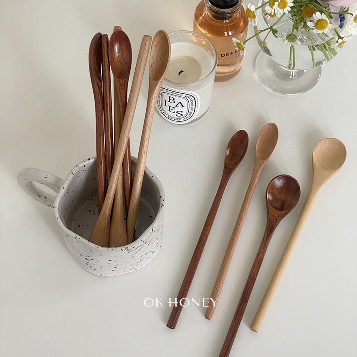 *ins Korean style solid wood long handle stirring spoon log Japanese spoon spoon honey spoon wooden spoon