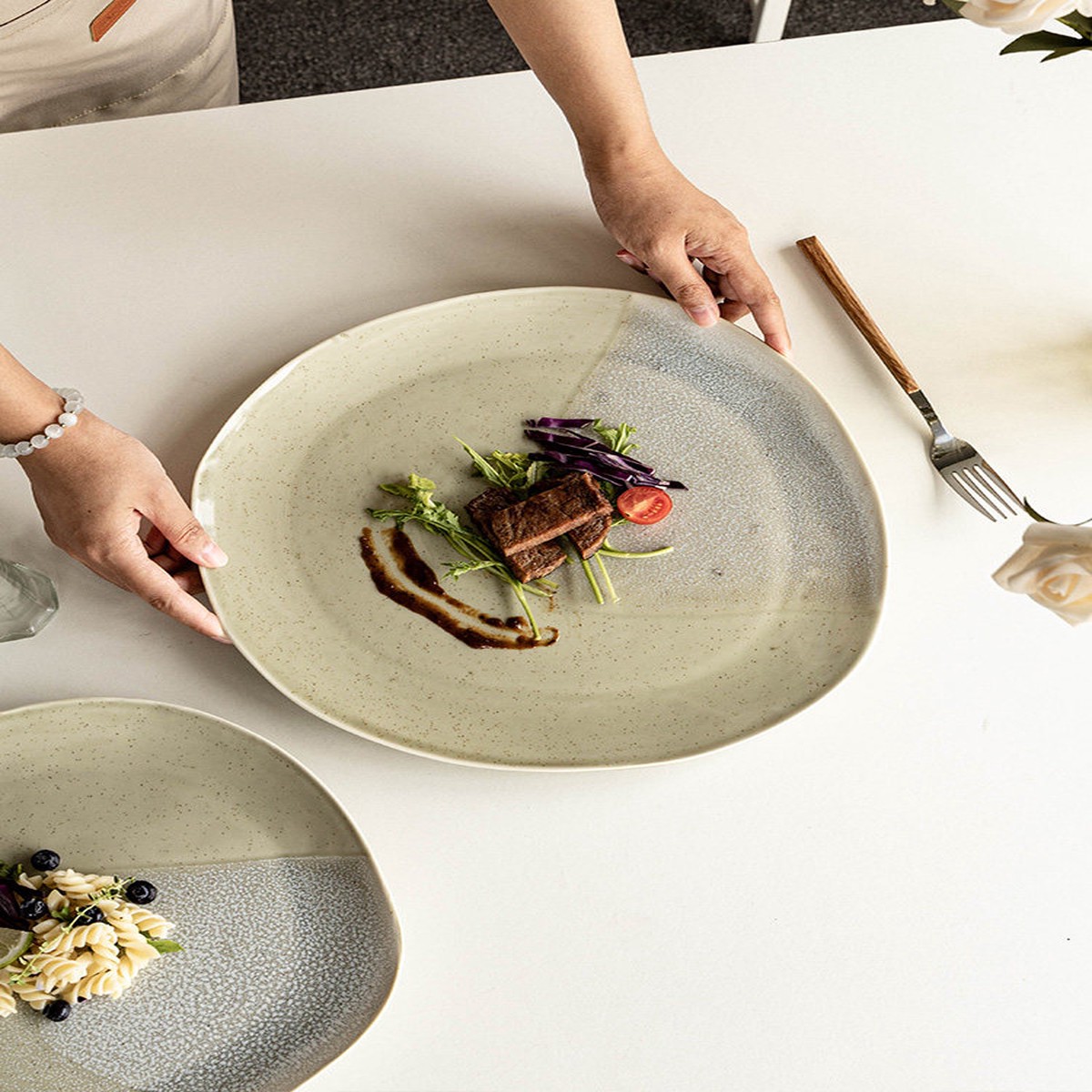 [Irregular Large Flat Plate] Kiln-turned Ceramic Steak Plate Restaurant Dessert Plate Western Food Plate Home Dish Plate Weixia