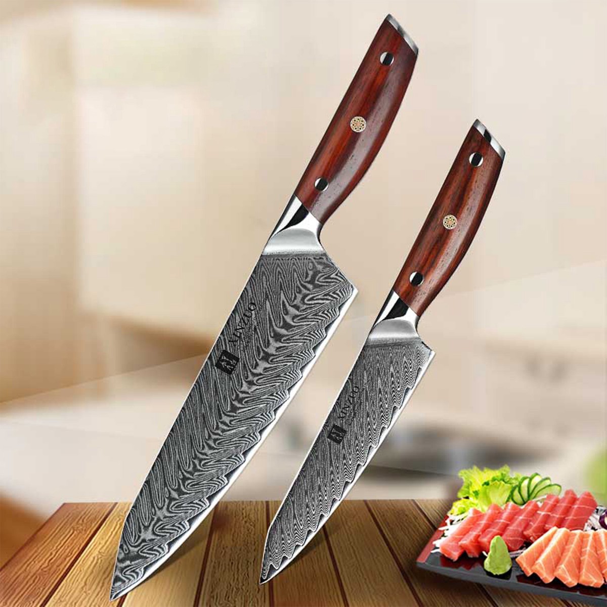 Xinzuo B27 2 Pcs 67 Layer Japanese Damascus Chef knife Set Rose Wood Handles