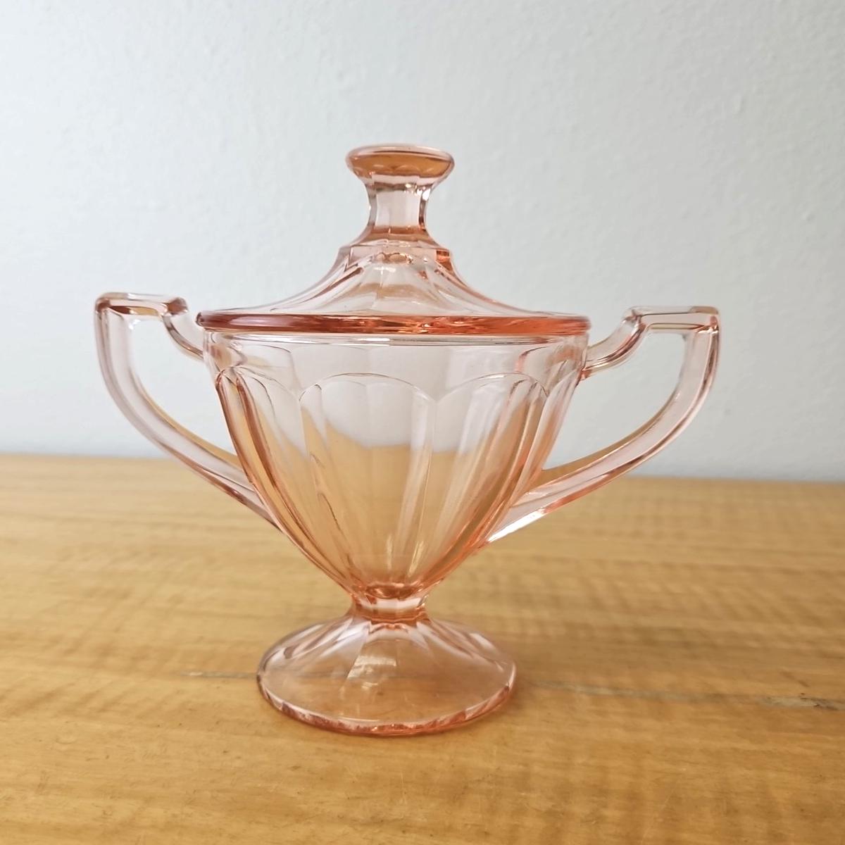 Vintage Pink Depression Glass sugar bowl with lid and handles 6 1/2"