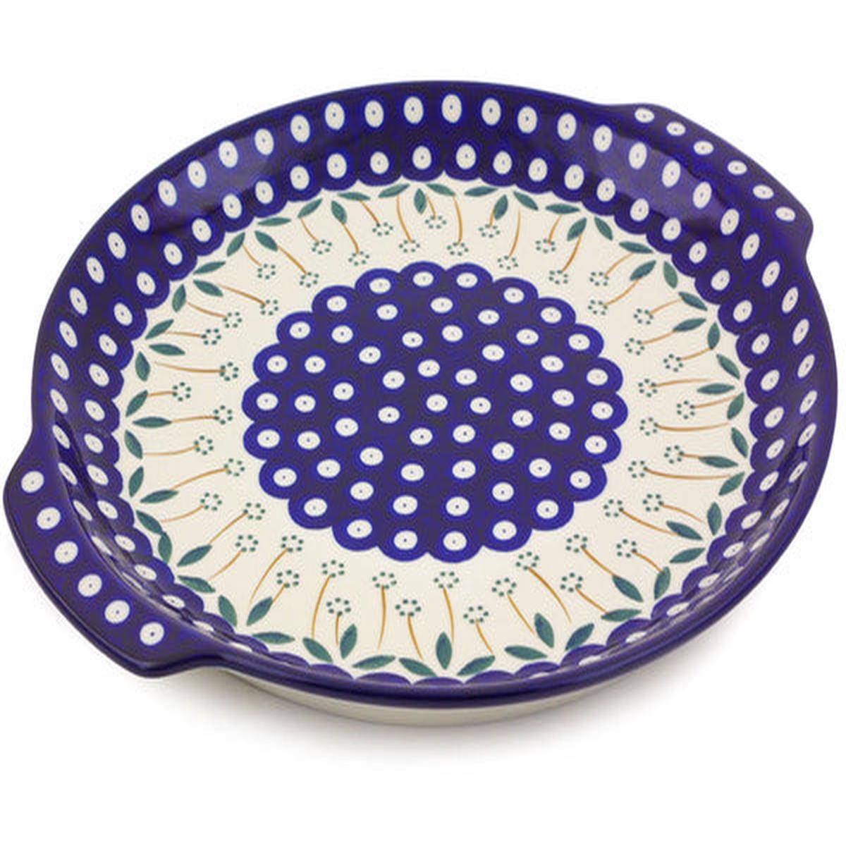 Polish Pottery 13" Platter with Handles Pushing Daisy Peacock