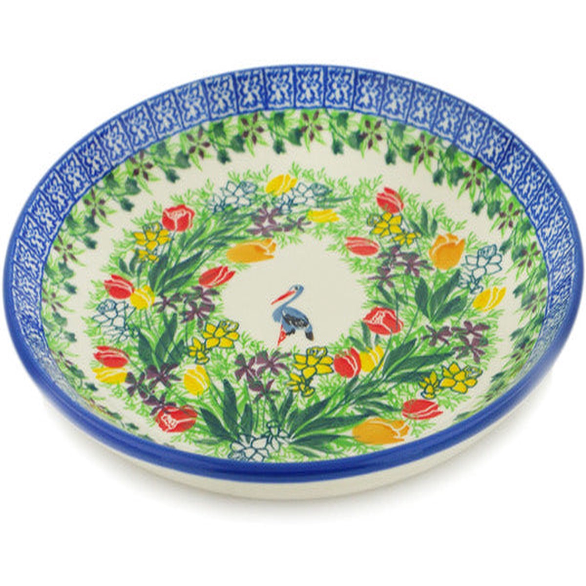 Polish Pottery Dessert Plate Crane In Tulip Splendor UNIKAT